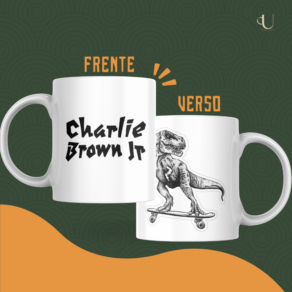 Arte da caneca Charlie Brown Jr., com dinossauro no skate no verso