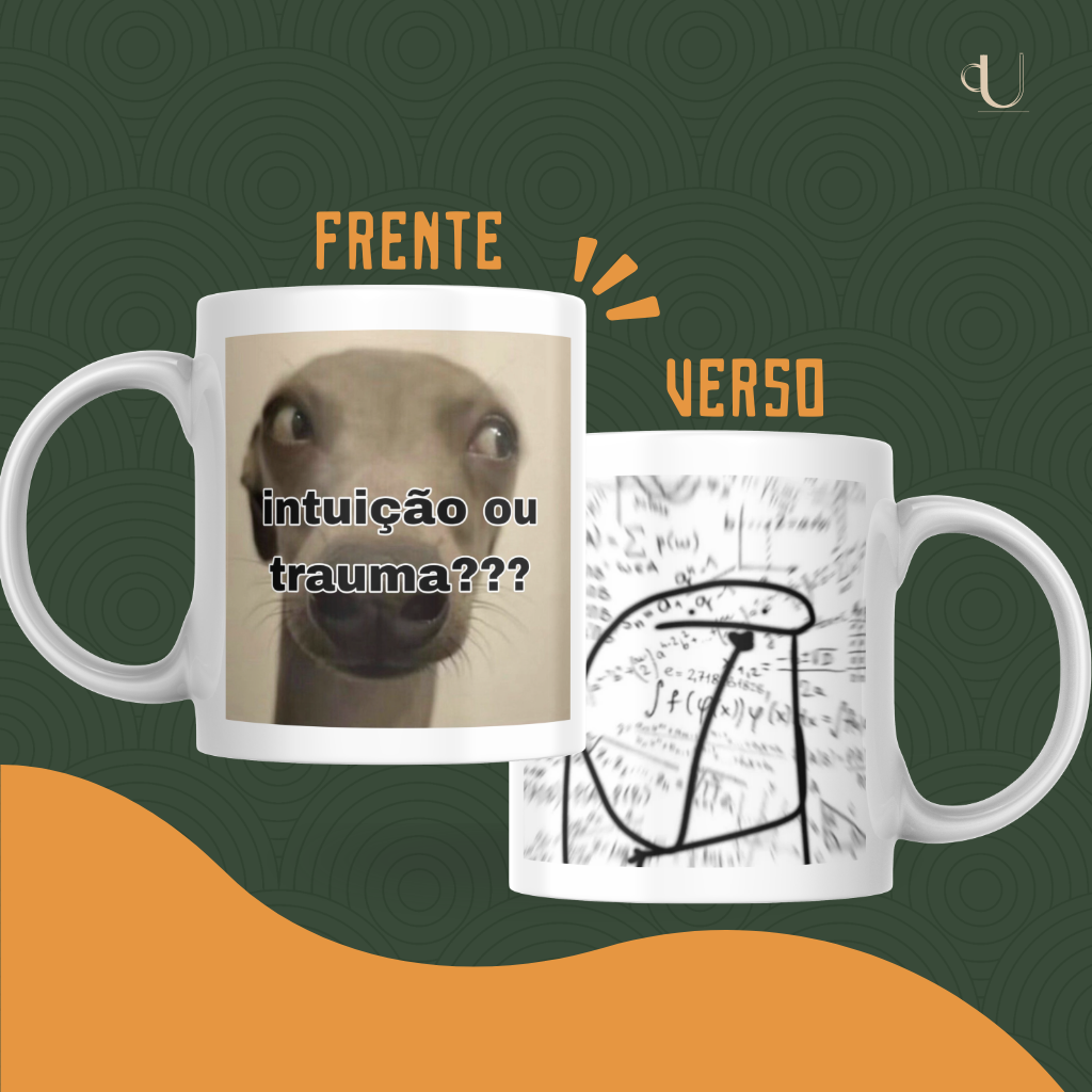 Arte da caneca Intuição ou trauma, com estampas na frente e no verso